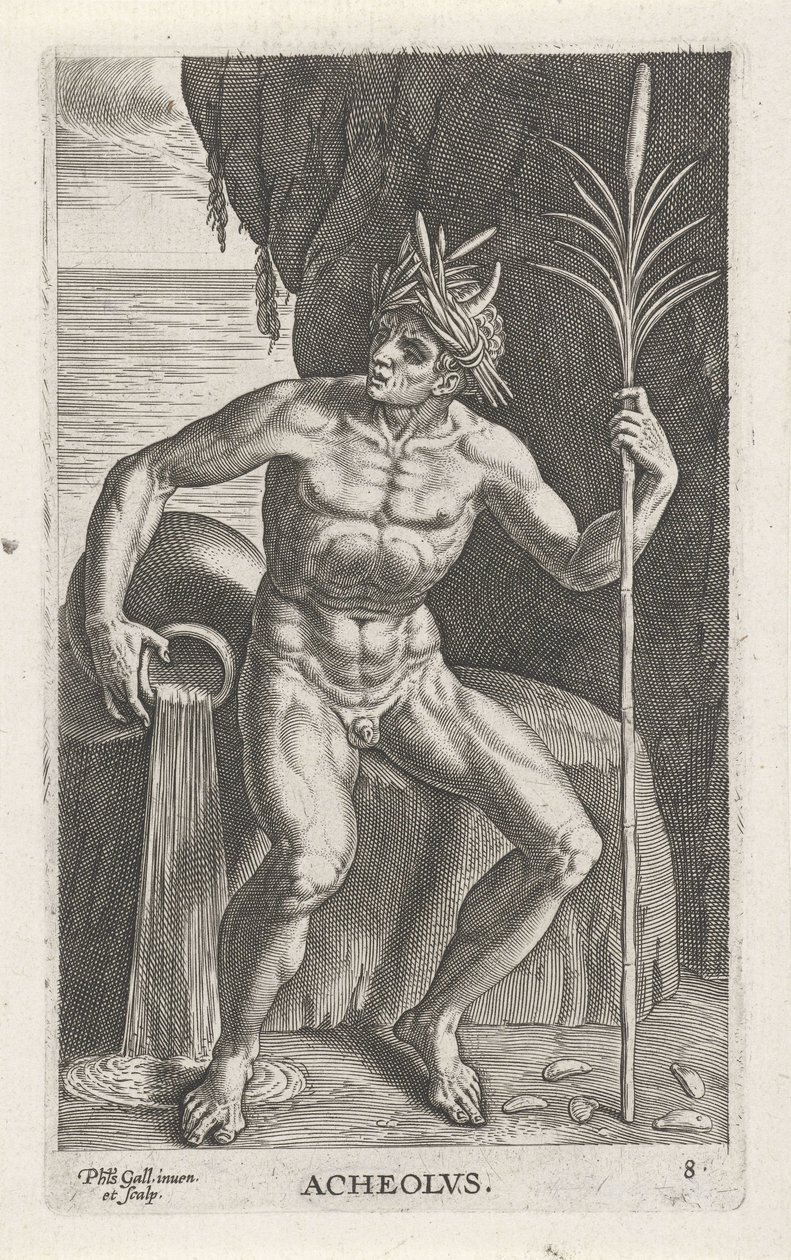Zeegod Achelous Acheolvs (cím az objektumon) Rivier- en zeegoden (sorozat címe) Elegáns portrék a tengeri félistenekről és az Amnicus-fókákról (sorozat címe) alkotó: Philips Galle