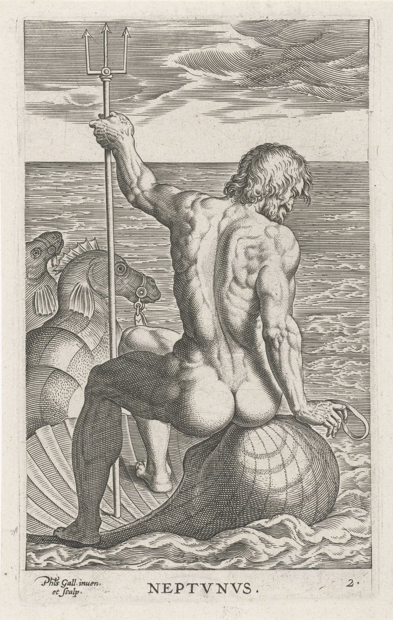 Zeegod Neptunusz Neptvnvs (cím az objektumon) Rivier- en zeegoden (sorozat címe) Elegáns portrék a tengeri félistenekről és az oroszlánfókákról (sorozat címe) alkotó: Philips Galle
