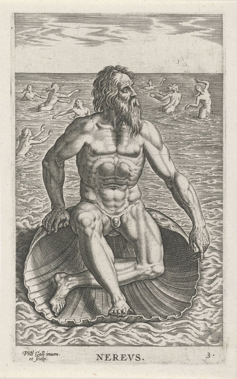 Zeegod Nereus Nerevs (cím az objektumon) Rivier- en zeegoden (sorozat címe) Elegáns portrék a tengeri félistenekről és az Amnicus-fókákról (sorozat címe) alkotó: Philips Galle