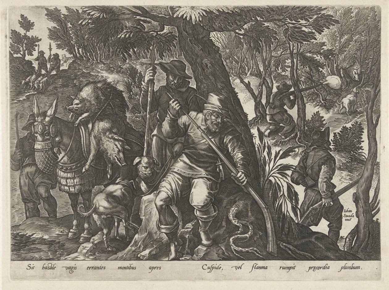 Zwijnenjacht met geweren Jachttaferelen (sorozat címe) Amelyben mindenféle vadászat, madártartás és horgászat (sorozat címe) alkotó: Philips Galle