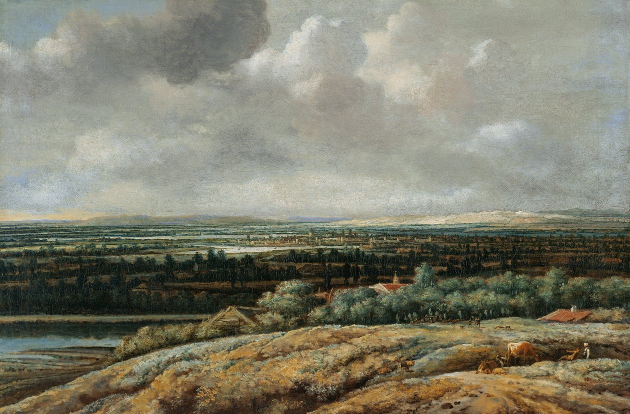 Panoráma tájkép várossal a háttérben alkotó: Philips Koninck
