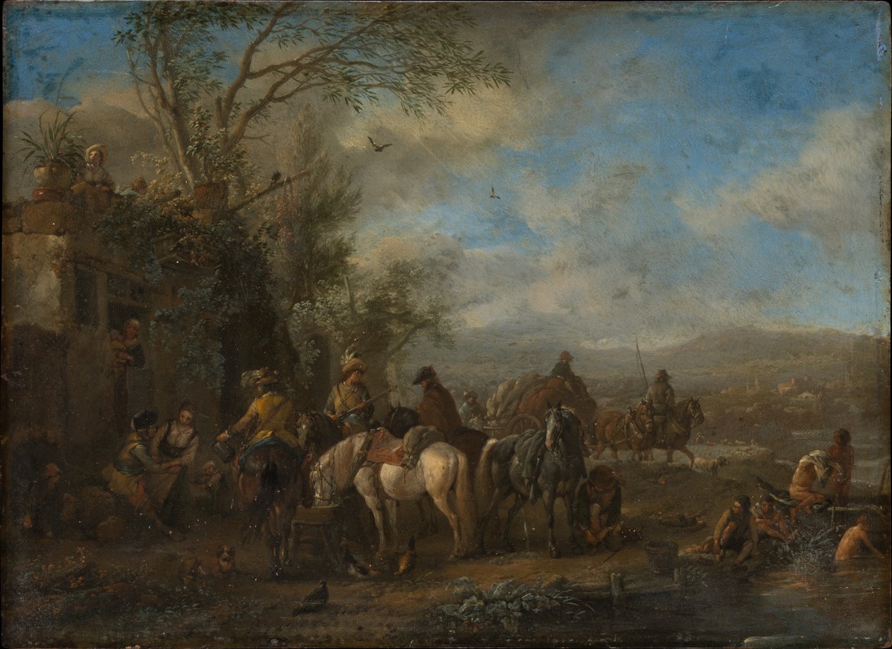 Fegyveres lovasok egy fogadó előtt alkotó: Philips Wouwerman