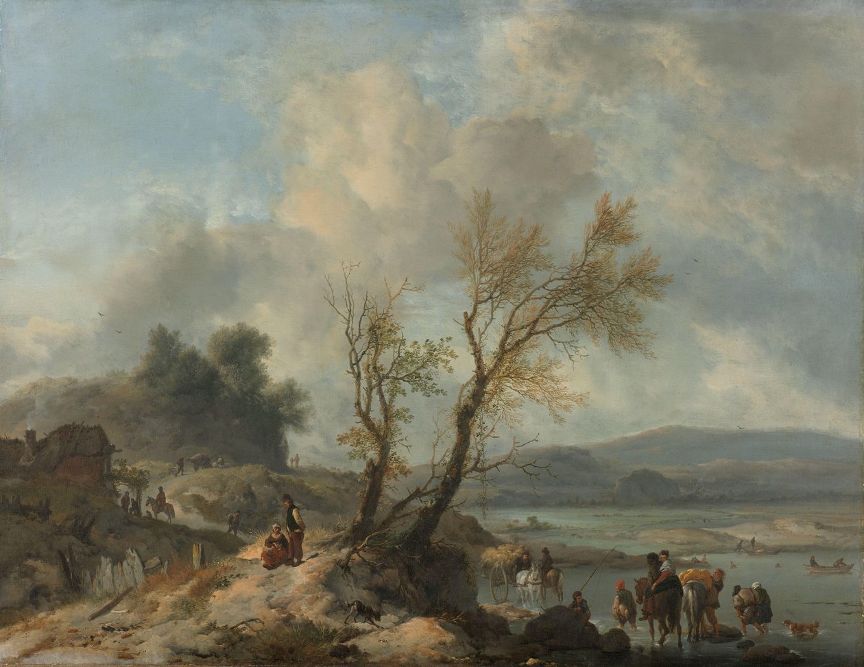 Táj homokos ösvényen a folyó mellett alkotó: Philips Wouwerman