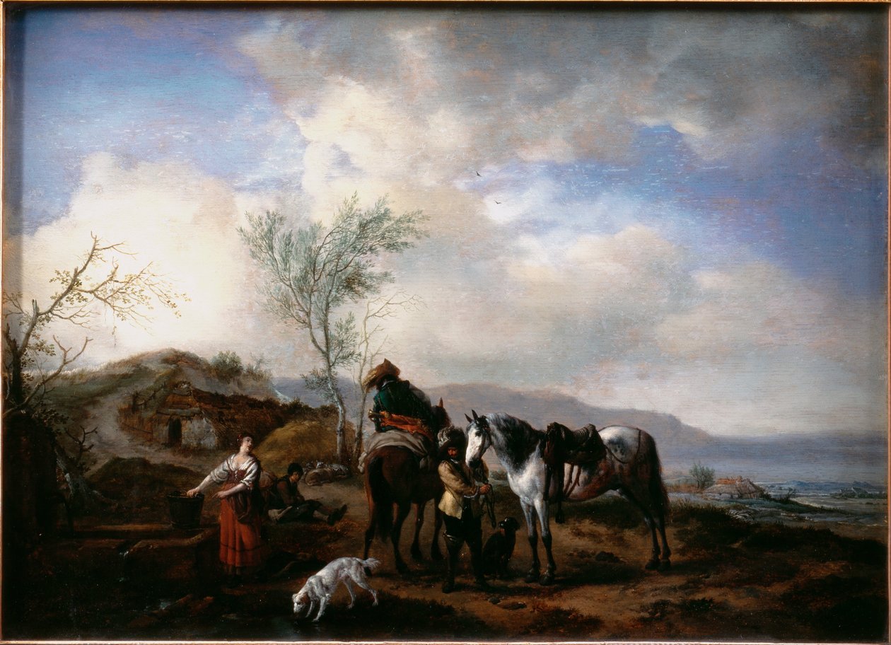 Két lovas egy szökőkútnál alkotó: Philips Wouwerman