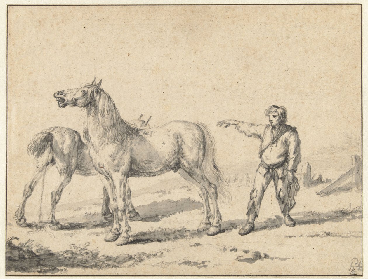 Két ló, az egyik vizel, a másik nyafog, és egy álló férfi felemelt jobb karral alkotó: Philips Wouwerman