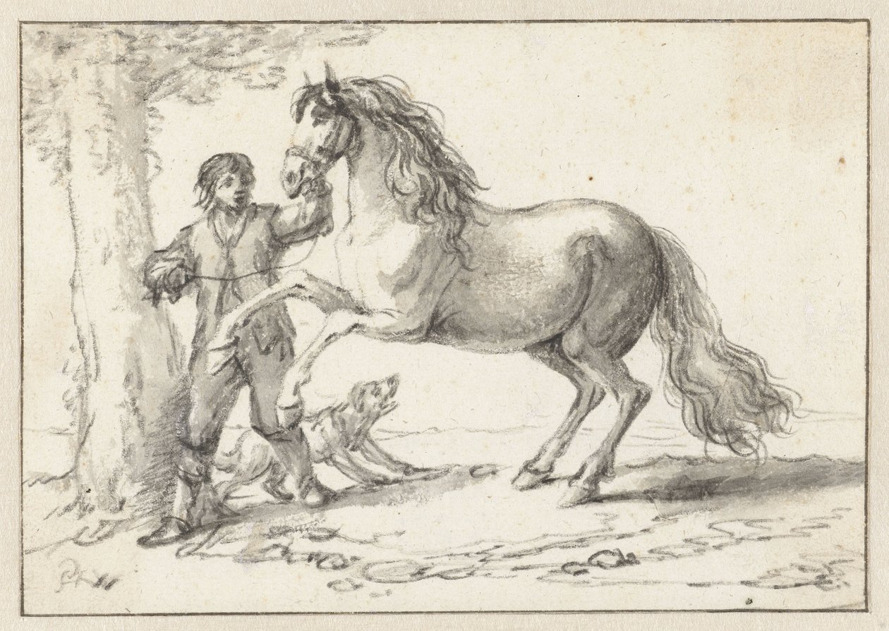 Fiatal férfi tenyészló lovat tart a kantáránál, megijedt egy ugató kutyától alkotó: Philips Wouwerman