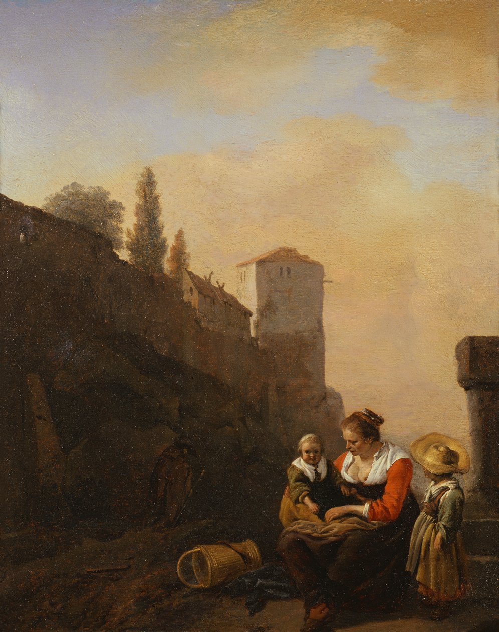 Egy paraszt és két gyerek pihen egy torony előtt Olaszországban (olaj, vászon) alkotó: Philips Wouwermans or Wouvermans