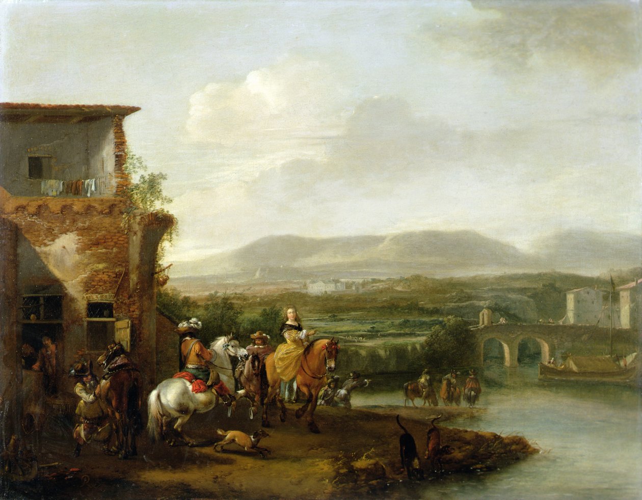 Elegáns lovasbuli a farmon a folyó mellett (olaj, vászon) alkotó: Philips Wouwermans or Wouvermans