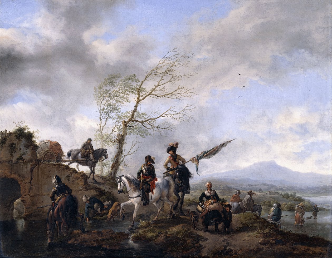 Kiterjedt folyami táj katonákkal és egy zászlóvivővel, amely a lovaikat itatja, alkotó: Philips Wouwerman