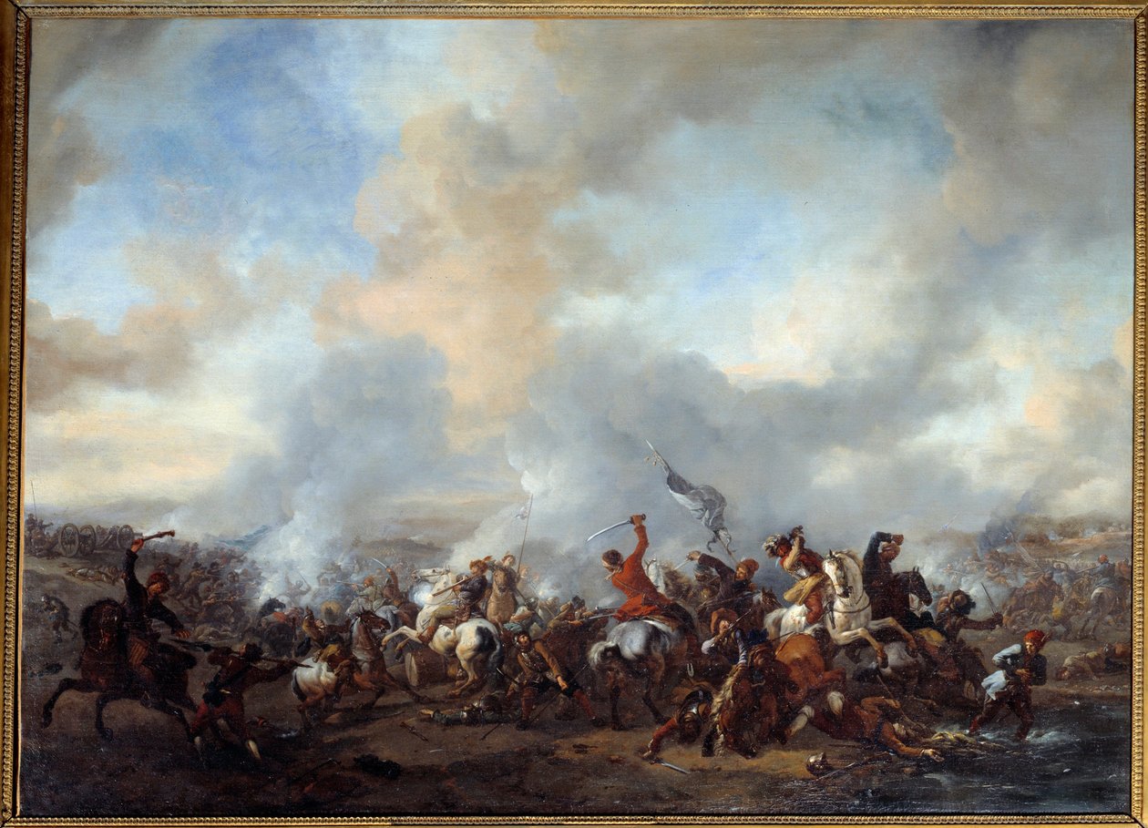 Lovasok és gyalogosok nagyszerű harca Philips Wouwerman festménye (1619-1668) 17. század V. 0,99x1,35 m alkotó: Philips Wouwermans or Wouwerman