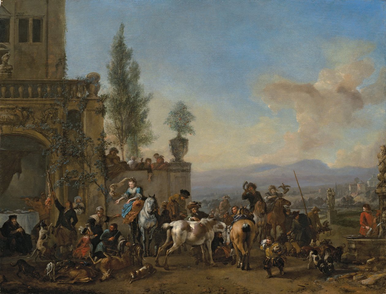 A visszatérés a vadászatból (olaj a panelen) alkotó: Philips Wouwermans or Wouwerman