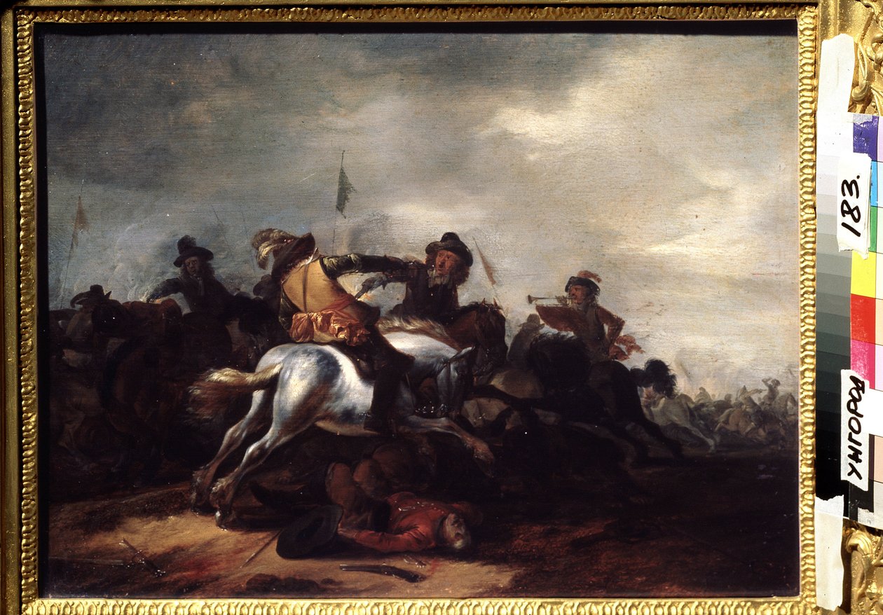 Csata. Philips Wouwerman (1619-1668) festménye. Olaj, fa, 31 x 41 cm. Flamand művészet, barokk művészet. Regionális Művészeti Múzeum, Ungvár (Ukrajna). alkotó: Philips Wouwermans or Wouwerman