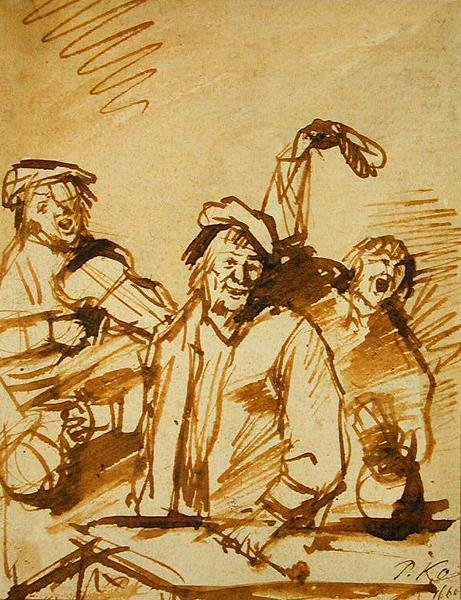 Három vidám fiatalember, 1660 (toll és barna tinta, papír) alkotó: Phillips de Koninck