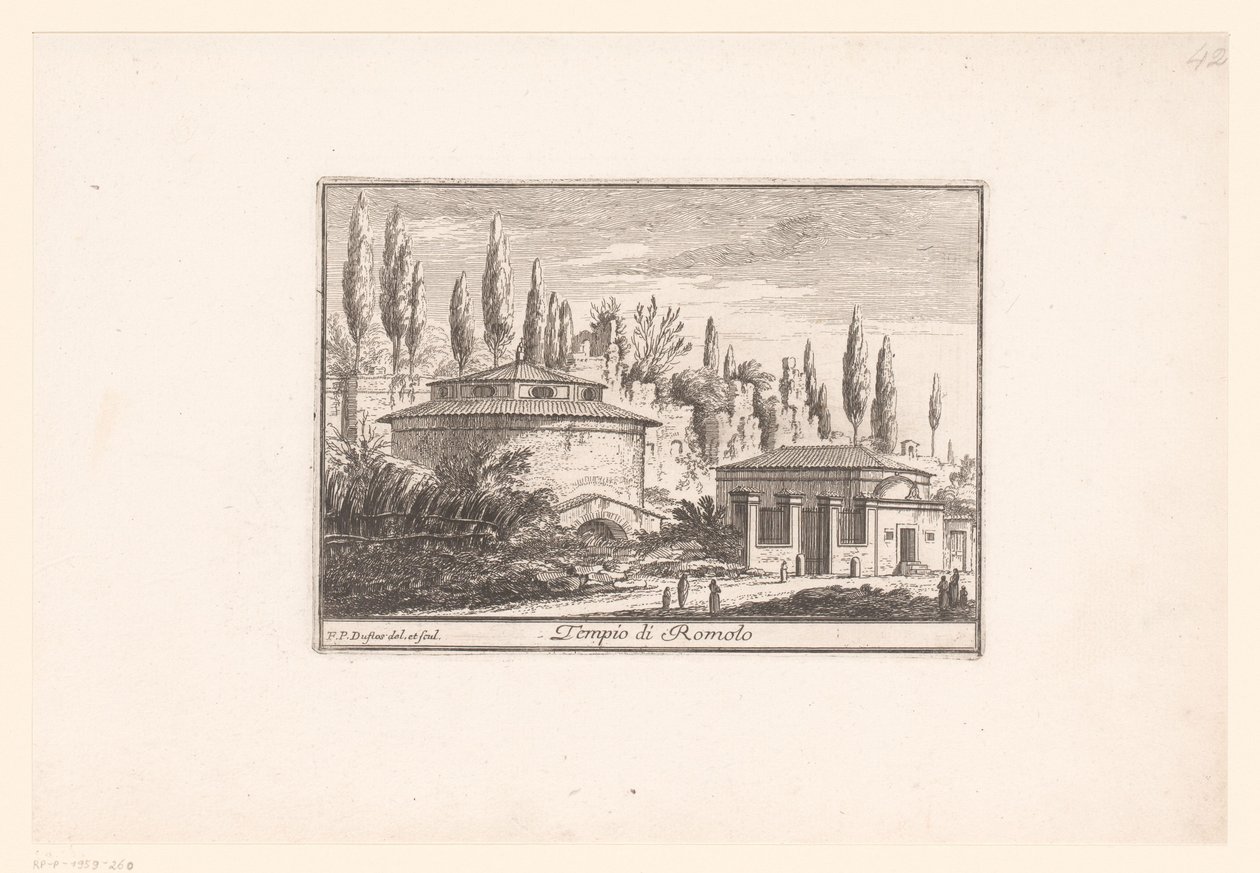 Kilátás Romulus templomára Tempio di Romolo (cím a tárgyon) Kilátás az ókori és modern Rómára (sorozat címe) Varie Vedute di Roma Antica, e Moderna (sorozat címe) alkotó: Philothée Francois Duflos
