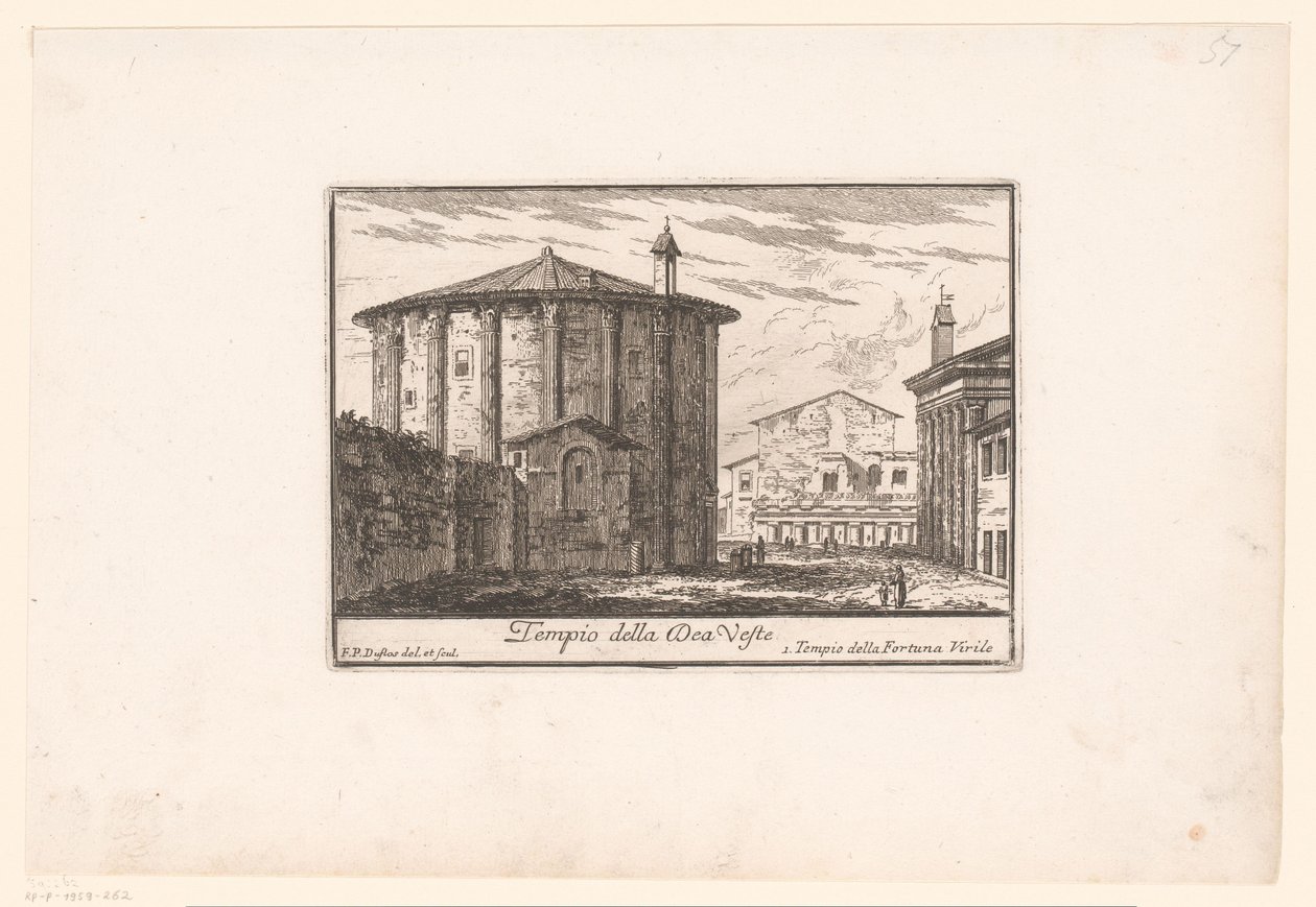Kilátás a Vesta templomra Tempio della Dea Veste (cím a tárgyon) Kilátás az ókori és modern Rómára (sorozat címe) Varie Vedute di Roma Antica, e Moderna (sorozat címe) alkotó: Philothée Francois Duflos