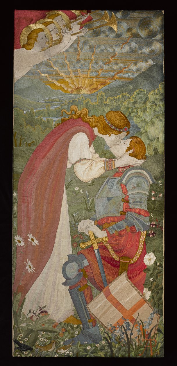 Una páncélos Szent Györgyöt csókolta, 1914 (hímzés selyemmel és arannyal) alkotó: Phoebe Anna Traquair