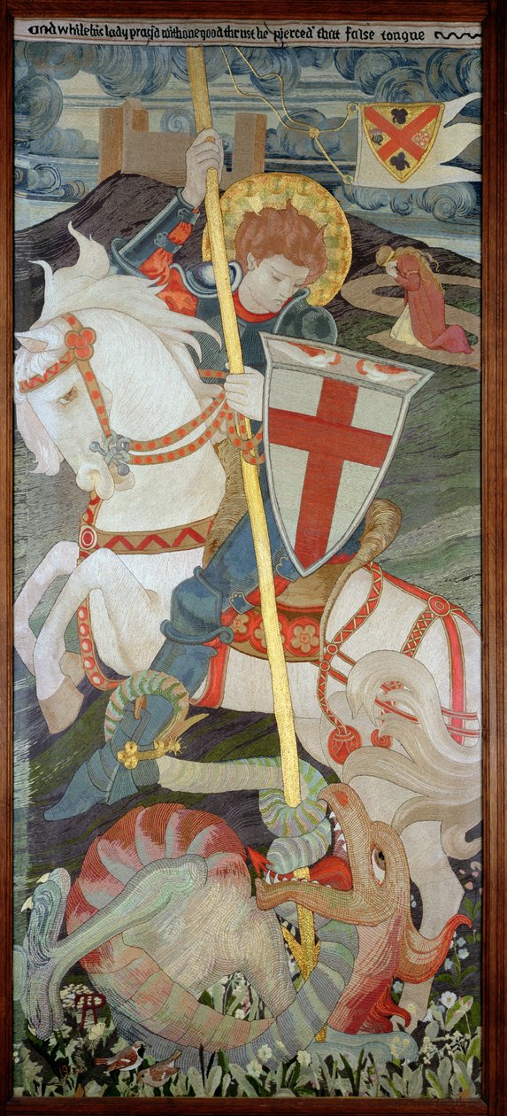 Szent György megöli a sárkányt, háttérben Una imádkozik, 1904 (hímzés) (lásd még: 141949 és 51) alkotó: Phoebe Anna Traquair