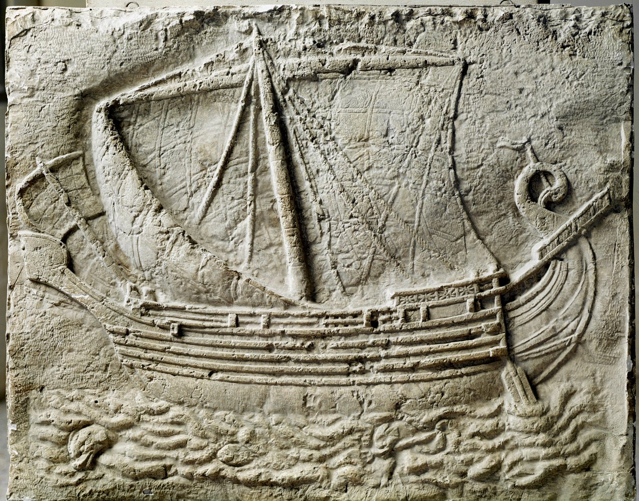 Föníciai művészet: egy kereskedelmi hajót ábrázoló szarkofág domborműve - A libanoni Sidon (Saidoon) régi kikötőjéből - Párizs, musee du Louvre - Egy föníciai kereskedelmi hajó - Egy Sidonban (Libanon) talált kő szarkofág domborműve - Louvre Múzeum , Pari alkotó: Phoenician Phoenician