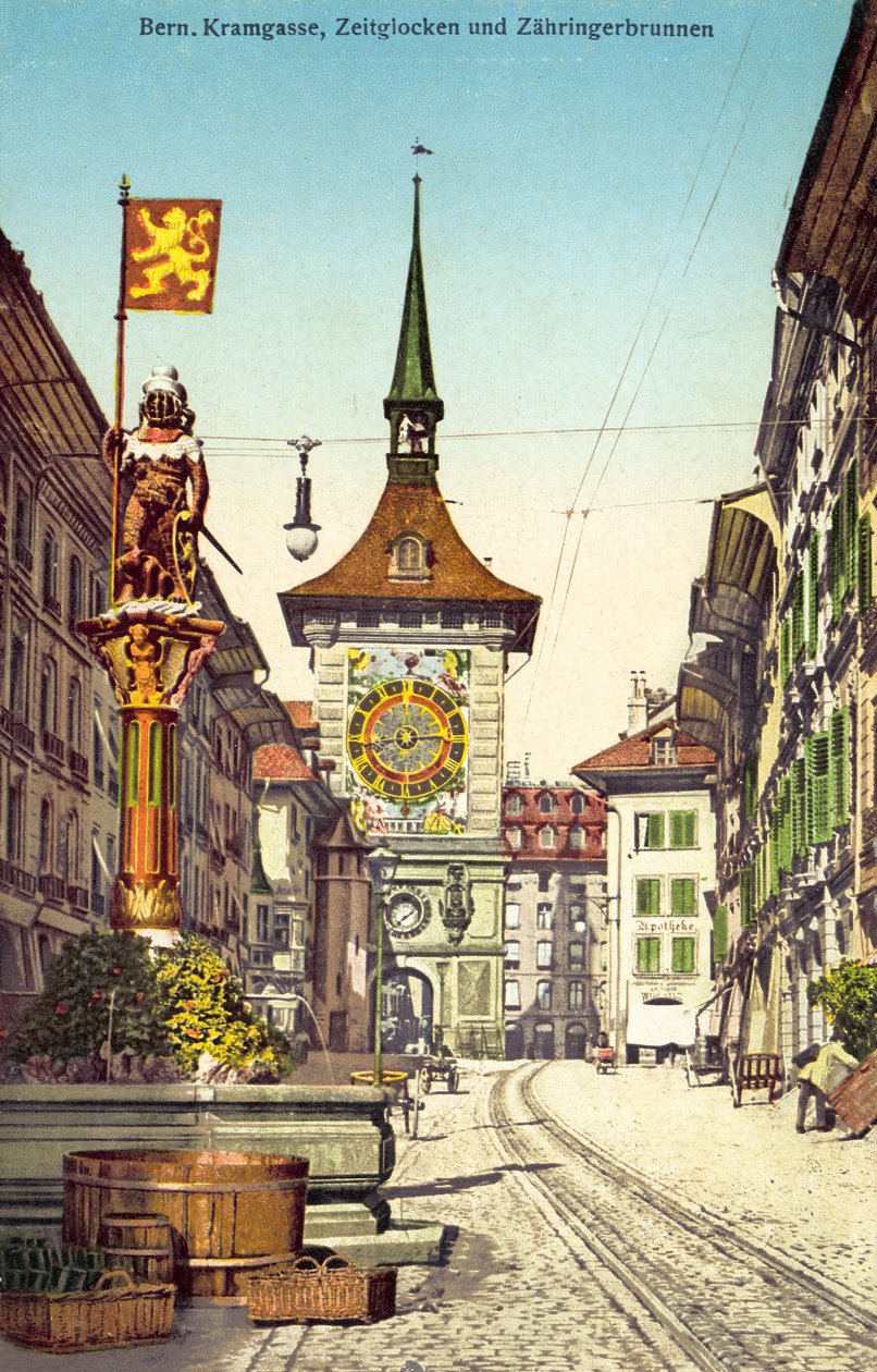 A Zytglogge óratorony és a Zahringerbrunnen szökőkút, Kramgasse, Bern, Svájc (színes fotó) alkotó: Photographer Swiss