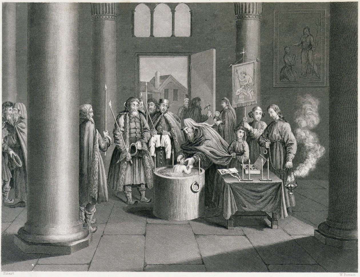 Keresztség az oroszországi görög egyház szerint, W. Forrest metszete, az A. Fullarton und Co. által kiadott „World Religion” c. alkotó: Picart