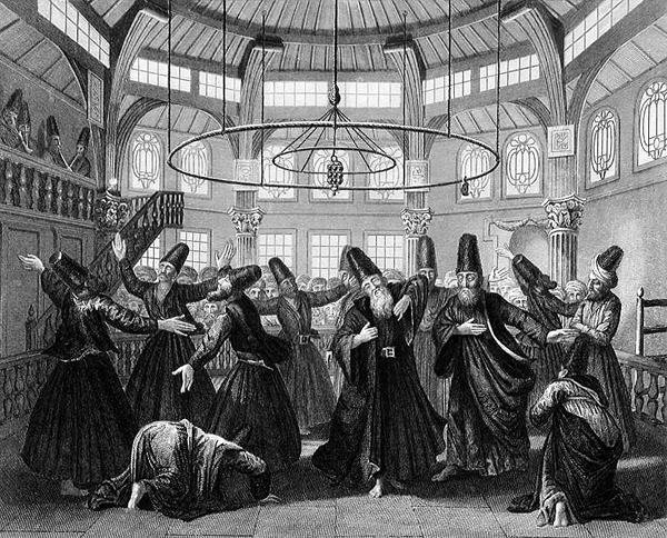 A dervisek tánca, W. Forrest metszete, a "World Religion" című kötetből, kiadó: A. Fullarton & Co. (metszet) alkotó: Picart (after)