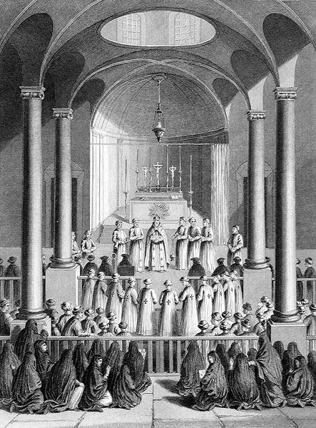 Istentisztelet az örmény egyház szerint, metszet: T. Brown, a „World Religion” című könyvből, kiadó: A. Fullarton & Co. (metszet) alkotó: Picart (after)