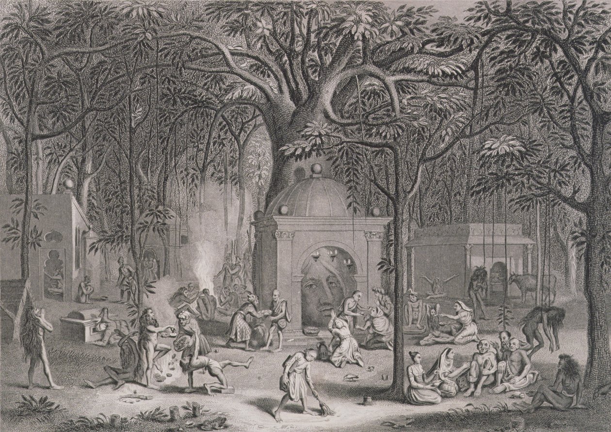 Babonás szertartásaikat gyakorló hindu fakírok, Bell metszete, a World Religionból, kiadó: A. Fullarton & Co. alkotó: Picart