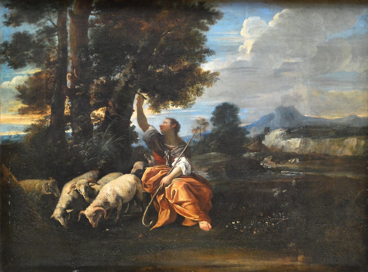 Herminie egy fára vésette Tancrède nevét alkotó: Pier Francesco Mola