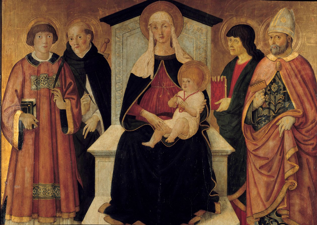 A Szűz és a Gyermek A Szűzanyát Saint Laurent diakónus, Szent Péter, Szent János, Saint Blaise de Sebaste veszi körül. Pier Francesco Fiorentino oltárképe (aktív 1475-1500 körül) 1490. V. 132x143 m. Avignon, Musee du Petro Palais alkotó: Pier Francesco Fiorentino