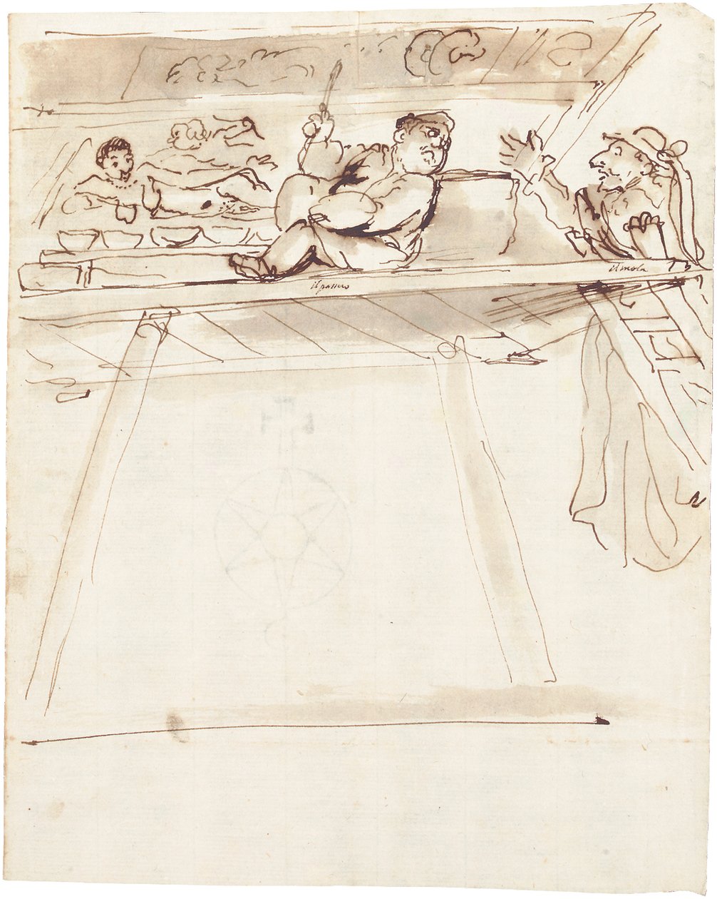 Pier Francesco Mola karikatúrája, amint Giovanni Battista Passeri megszakítja a fekvő Vénusz mennyezeti dekorációját alkotó: Pier Francesco Mola