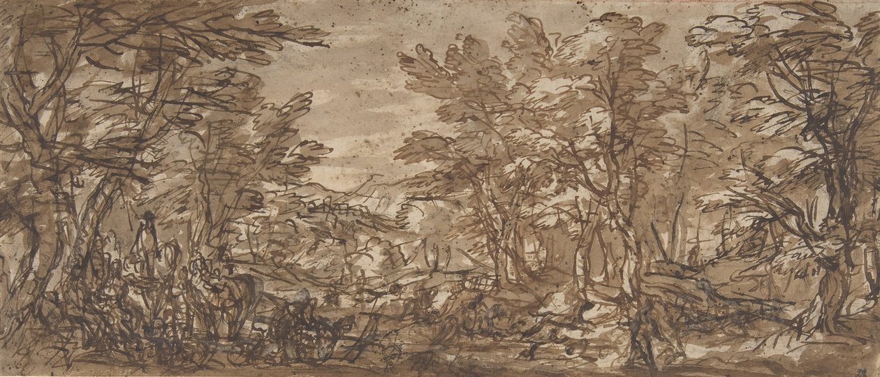 Erdei jelenet, megállás balra, vadászat középen, 1612-66. alkotó: Pier Francesco Mola