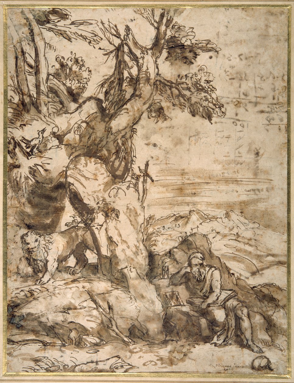 Szent Jeromos olvas a vadonban, Tizianus után (kb. 1488-1576) (nádtoll és barna tinta barna mosással, krémszínű papíron) alkotó: Pier Francesco Mola