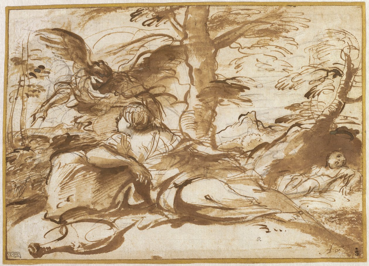 Az angyal megjelenik Hágárnak a sivatagban (recto), 1660 körül (tus és rajz) alkotó: Pier Francesco Mola