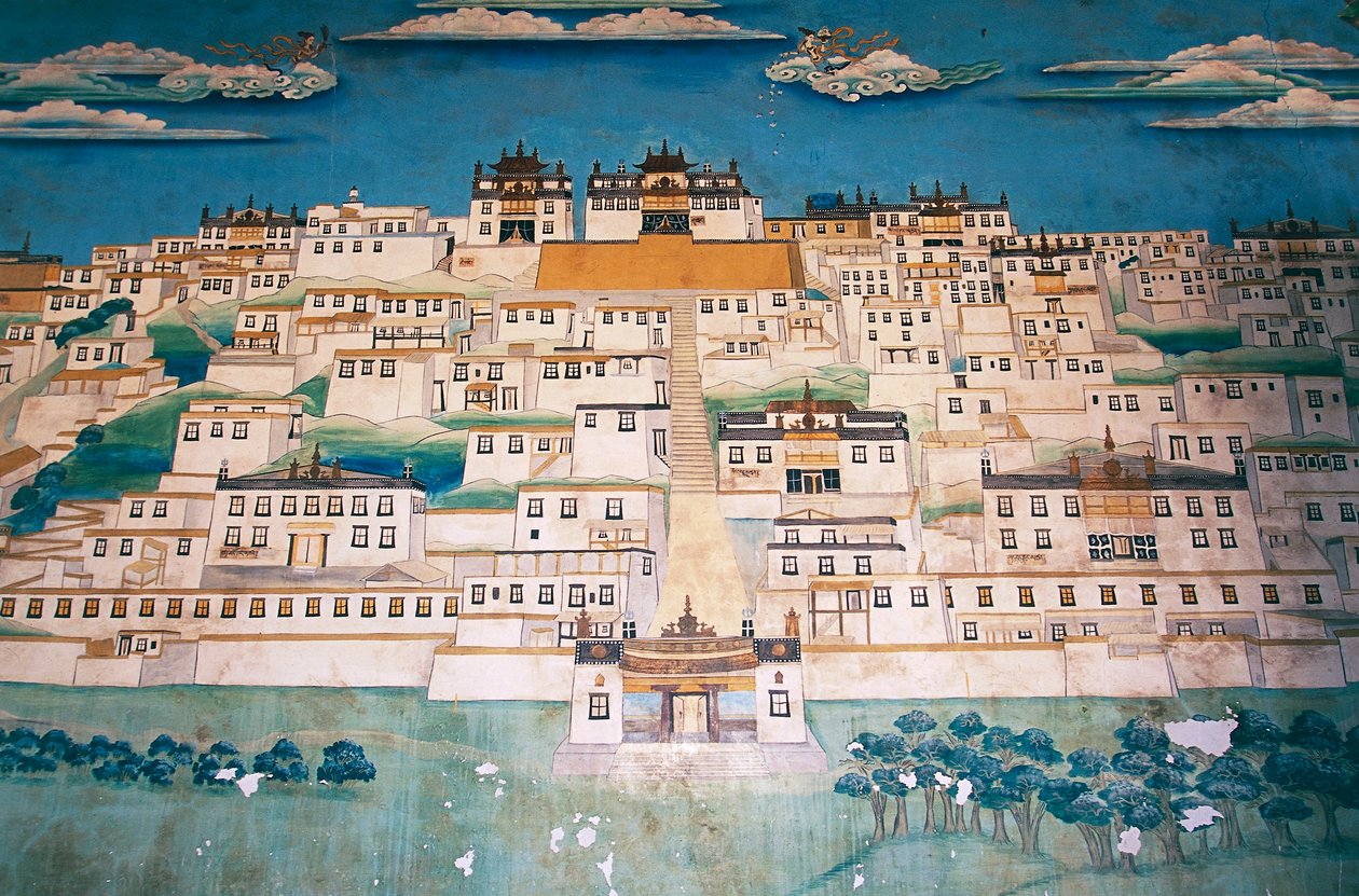 A várost ábrázoló freskó a Ganden Sumtsenling kolostorban (gompa), Zhongdianban (tibetiül Gyalthang, 2001-ben a kínai kormány Shangri-La névre keresztelte át a tibeti magas fennsík ezen részén a turizmus előmozdítása érdekében), Yunnan tartomány, Kína alkotó: Blaise Nicolas Le Sueur