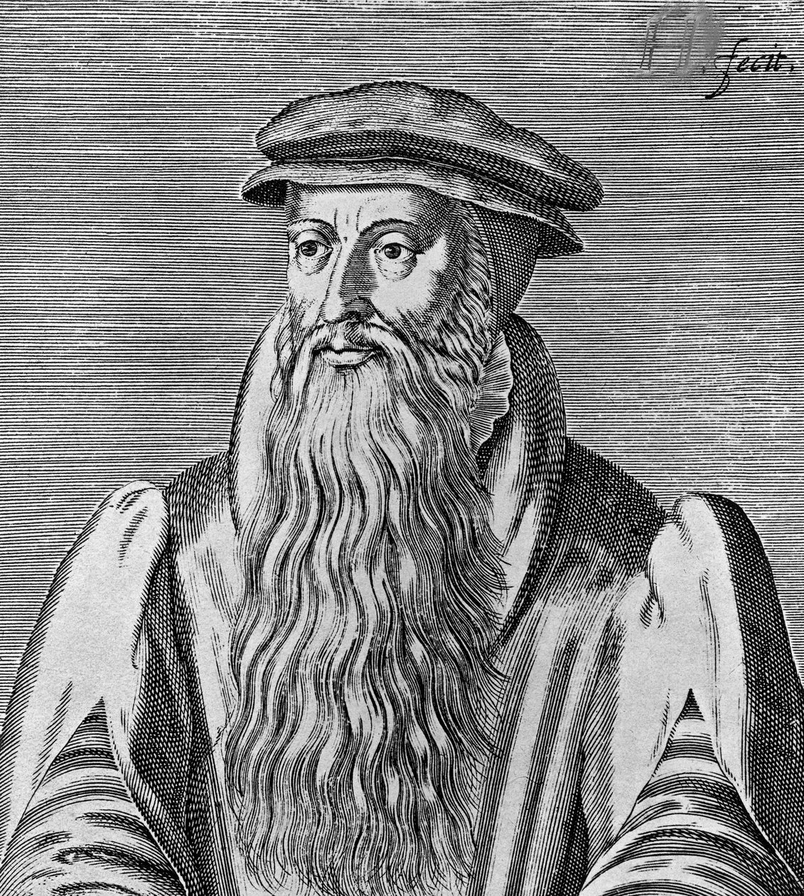 John Knox (kb. 1513-1572), skót lelkész, teológus, író, a reformáció vezetője és a skót presbiteriánus egyház alapítója portréja, fametszet alkotó: Blaise Nicolas Le Sueur