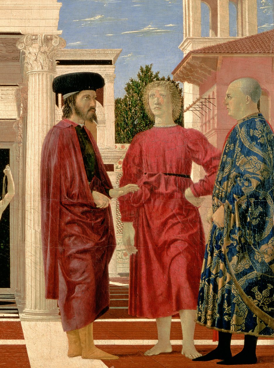 Az előtérben látható három figura részlete Krisztus megostorozása c. 1459 olaj és tempera a panelen alkotó: Piero della Francesca