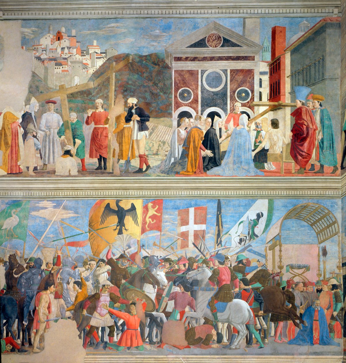 Az igazi kereszt igazolása, Hérakleiosz győzelme és Chosroes kivégzése i.sz. 628-ban, a Legend of the True Cross ciklusból, 1464-ben befejeződött (a helyreállítás után) alkotó: Piero della Francesca
