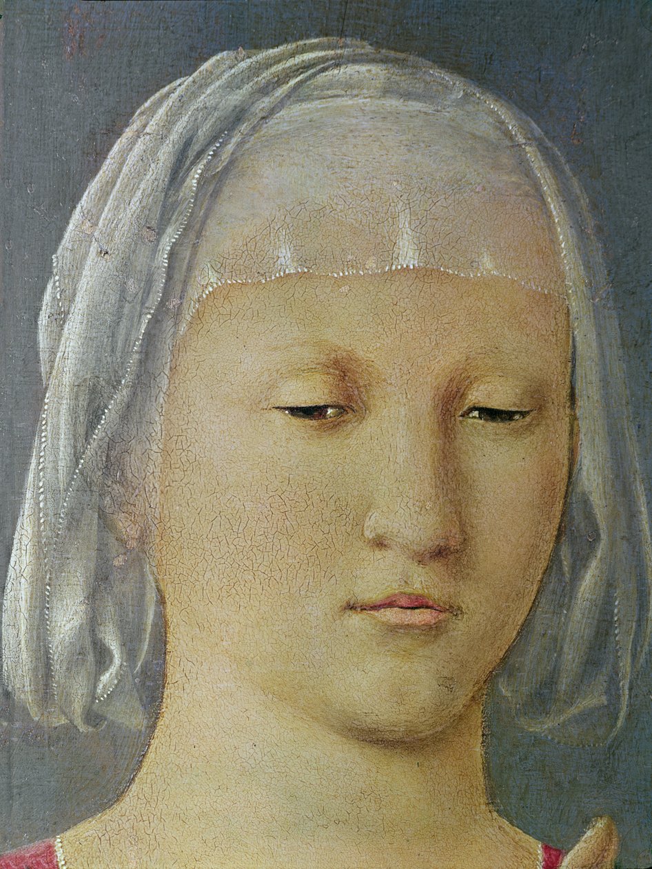 A Szűzanya és gyermeke két angyal között, a Senigalliai Madonna, a Szűzanya fejének részlete, 1472 körül, olaj, fa. alkotó: Piero della Francesca