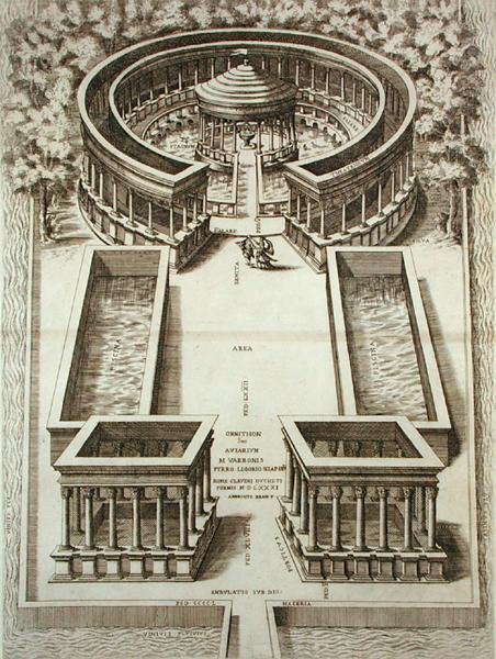 Varro madárháza, a „Roma Verus et Nuova”-ból, J. Laurus, megjelent 1614-ben (metszet) alkotó: Piero (after) Ligorio