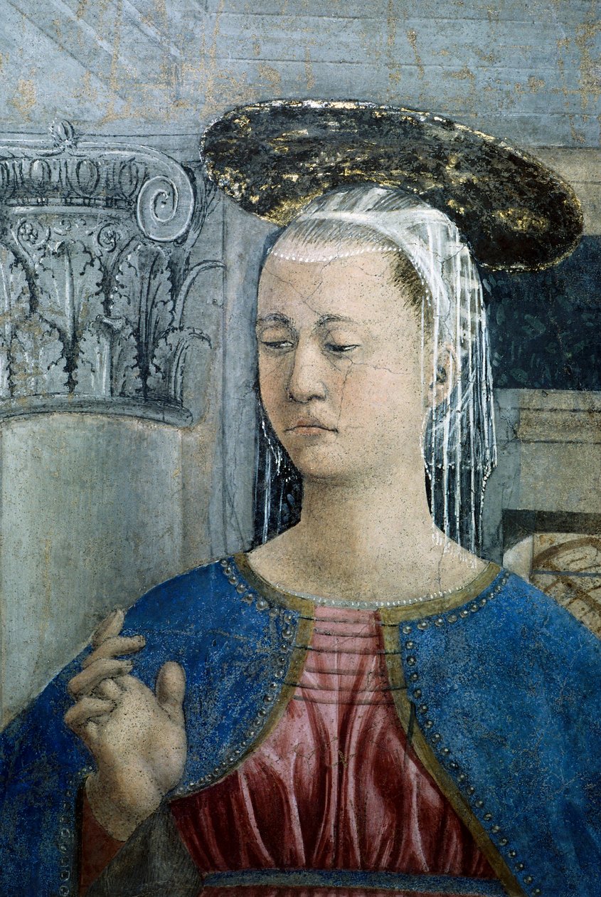 Részlet az Igaz kereszt legendájából, amely az Angyali üdvözletet mutatja, Piero della Francesca alkotó: Piero della Francesca