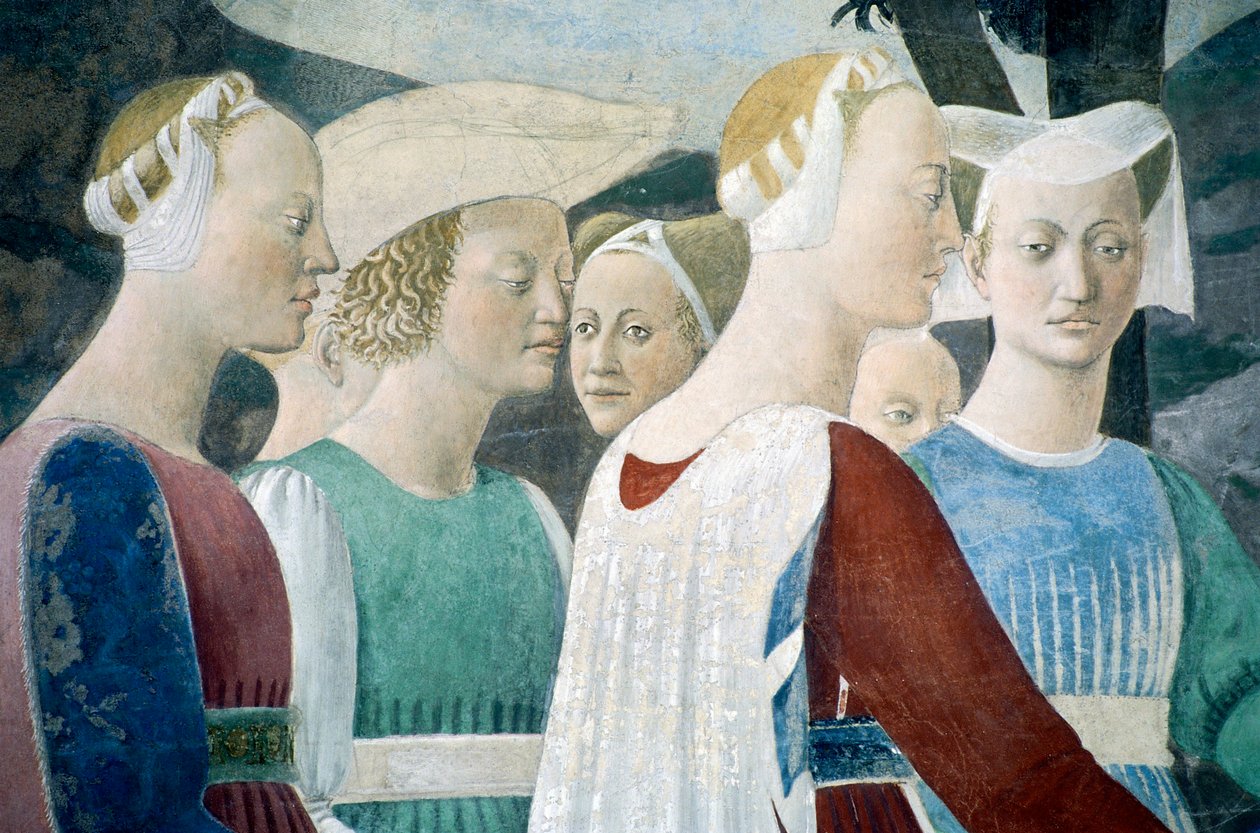 Részlet az Igaz kereszt legendájából, amely a fa imádását, valamint Sába királynője és Salamon király találkozását mutatja be, Piero della Francesca alkotó: Piero della Francesca