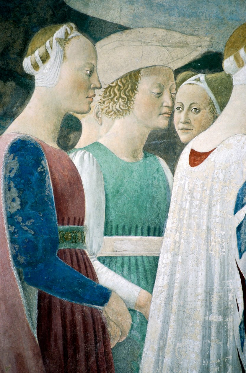 Részlet az Igaz kereszt legendájából, amely a fa imádását, valamint Sába királynője és Salamon király találkozását mutatja be, Piero della Francesca alkotó: Piero della Francesca