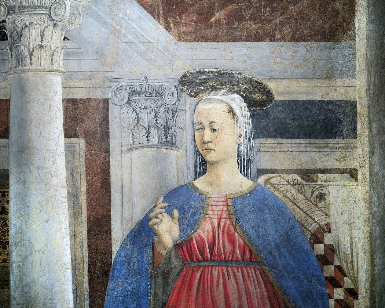 Részlet az igaz kereszt legendájából, amely az Angyali üdvözletet mutatja, Piero della Francesca alkotó: Piero della Francesca