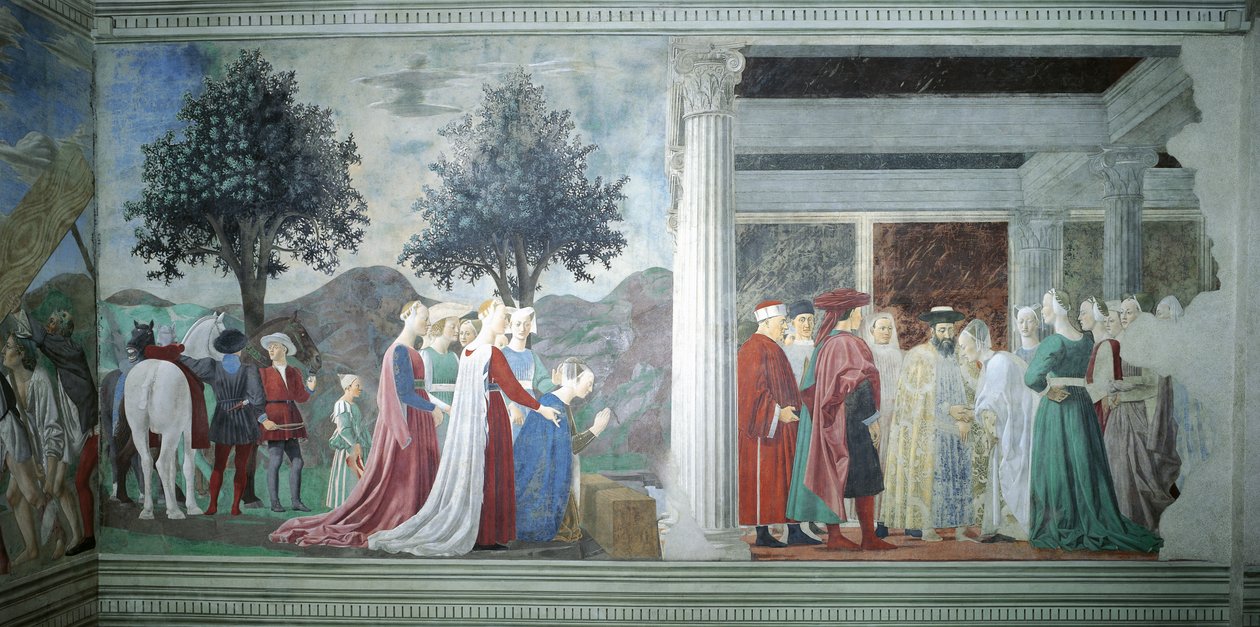 Részlet az igaz kereszt legendájából, amely a szent fa imádását, valamint Sába királynője és Salamon király találkozását mutatja be, Piero della Francesca alkotó: Piero della Francesca