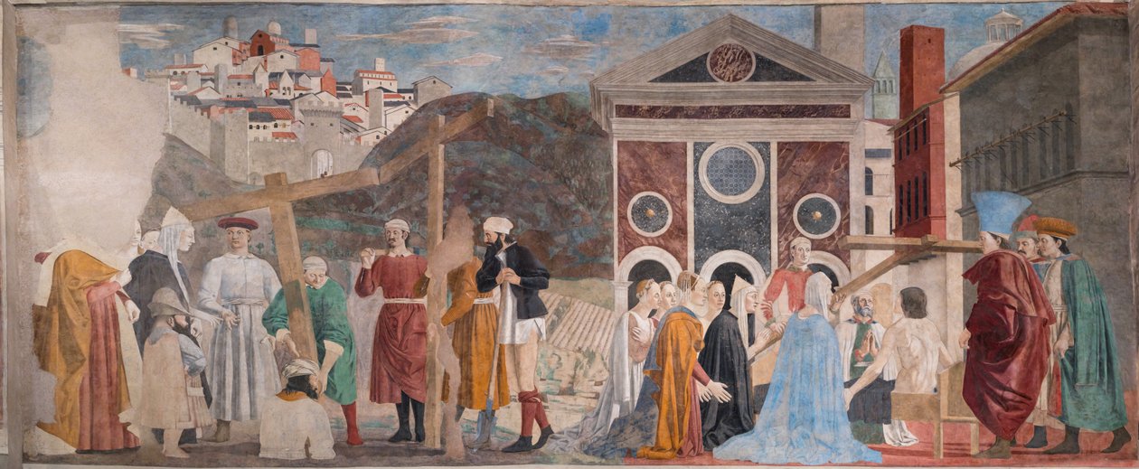 A három kereszt megtalálása és a kereszt igazolása, az Igaz Kereszt történeteiből (freskó) alkotó: Piero della Francesca