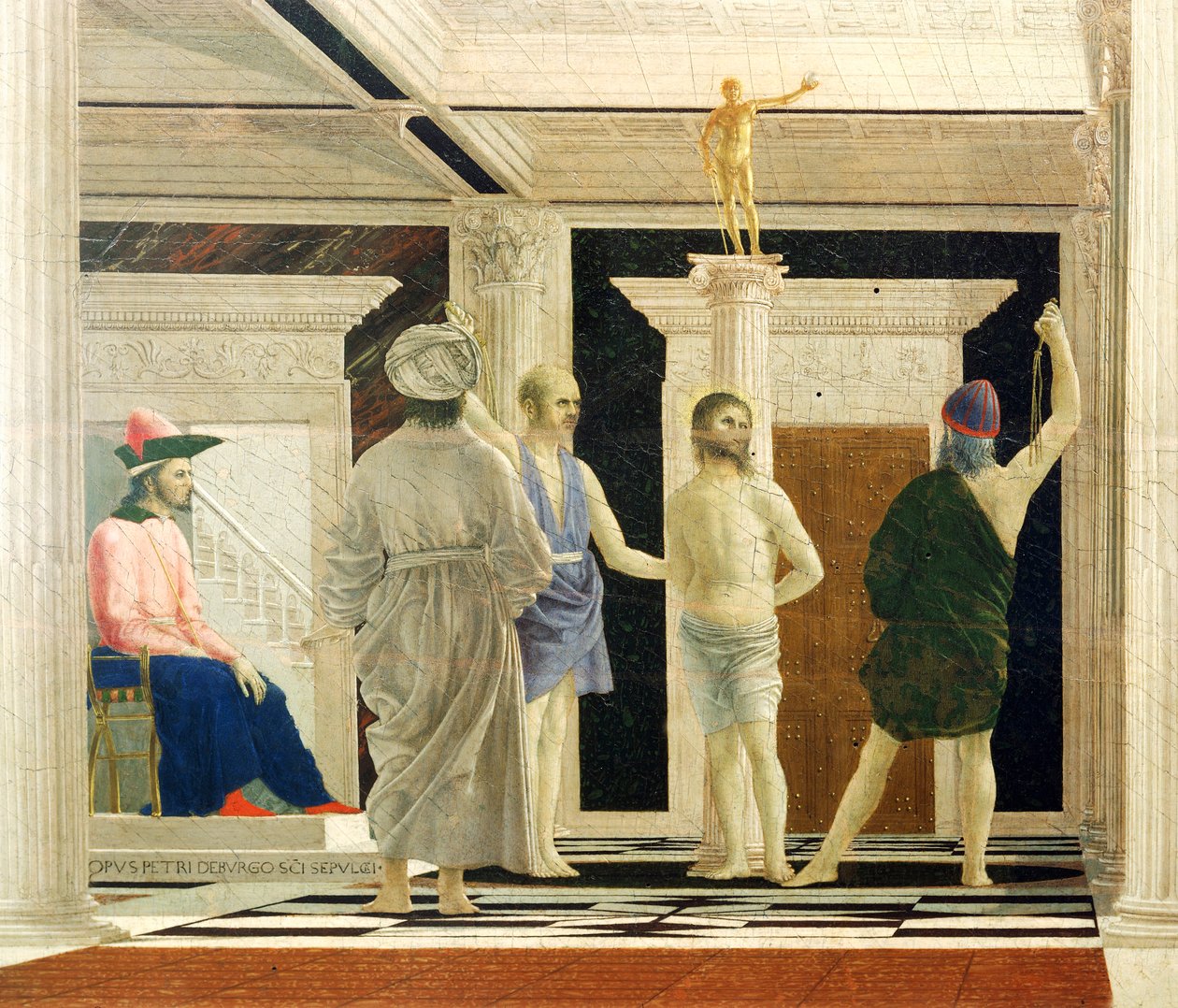 Piero della Francesca (1412-1492) Krisztus-ostorozása, Tempera panelen, 58x81,5 cm, részlet alkotó: Piero della Francesca
