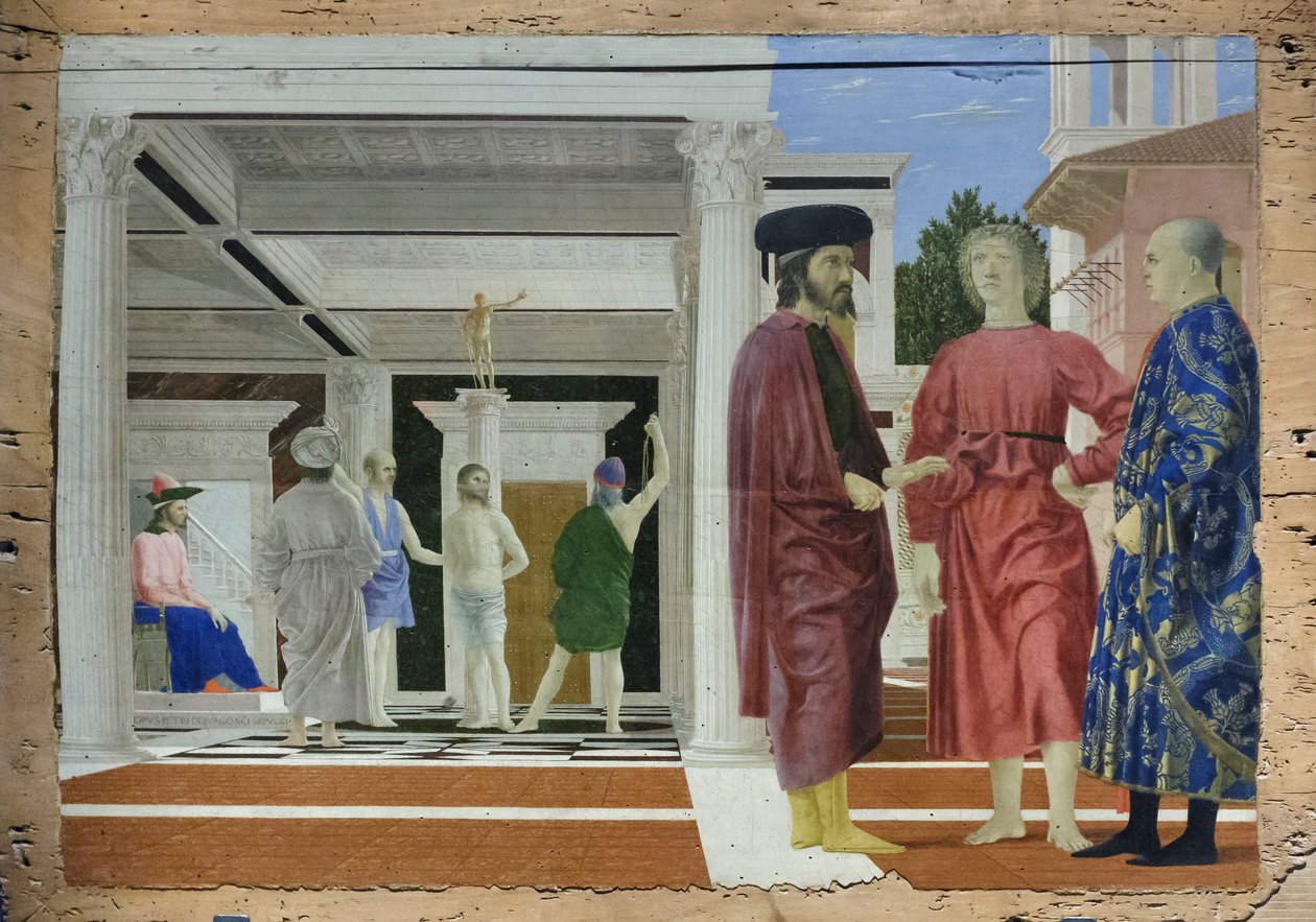 Krisztus megostorozása, 1452 körül (tempera, tábla) alkotó: Piero della Francesca