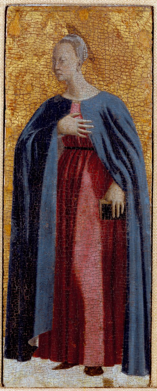 Misericorde-i poliptikus: Misericorde-i Szűzanya, szentekkel körülvéve. Az Angyali üdvözlet Szűzét ábrázoló részlet. Piero della Francesca festménye fára (1415/20-1492) 1445-1460 Dim. 54x21 cm Sansepolcro, Pinacoteca Comunale alkotó: Piero della Francesca