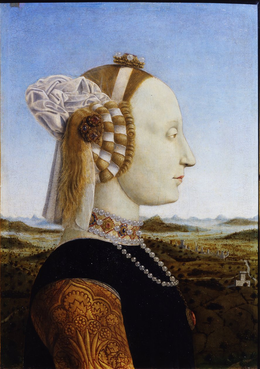 Battista Sforza portréja Federico da Montefeltro és felesége, Urbino hercege és hercegné páros portréiból, 1472 alkotó: Piero della Francesca