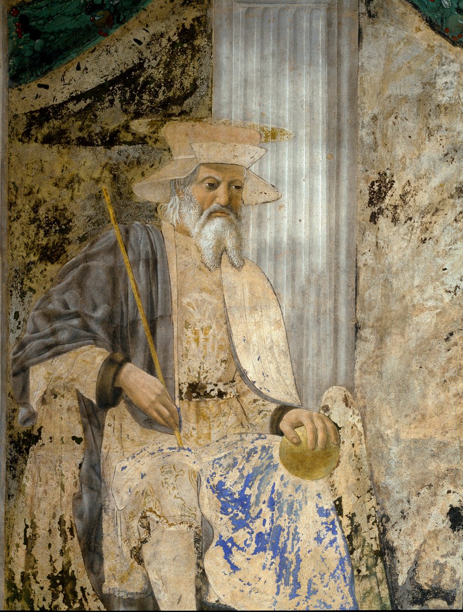 Sigismondo Pandolfo Malatesta (1417-1468) portréja imában San Sigismondo (Sigismondo) előtt. Részlet a szentről. Pietro di Benedetto dei Franceschi Piero della Francesca freskója (1422-1492) alkotó: Piero della Francesca